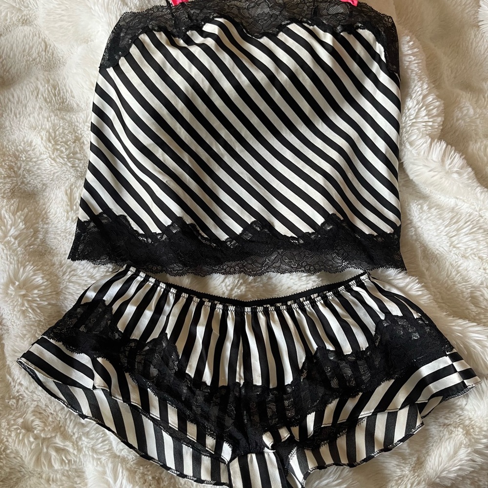 Victoria's Secret Black and White Striped Lace Pajama Set